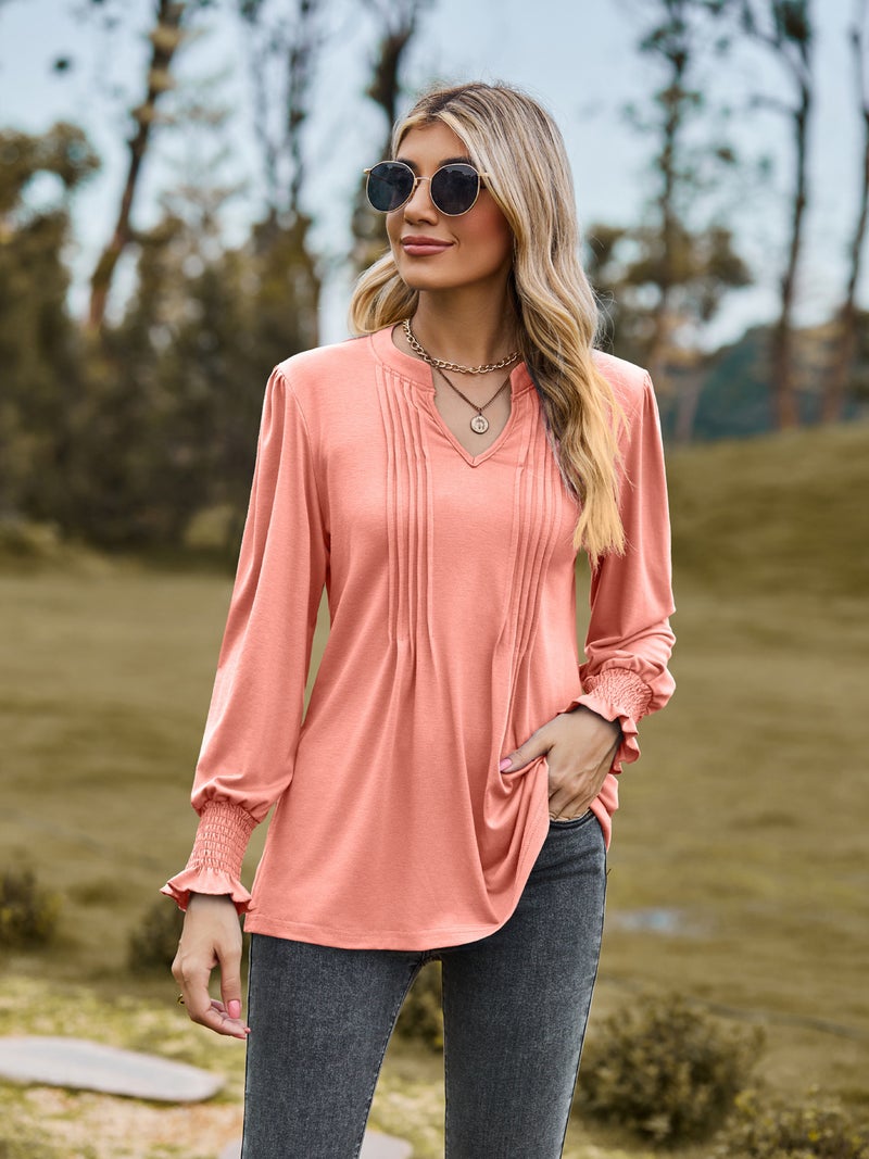 2023 Amazon autumn new T-shirt cross-border womens clothing solid color drawstring puff sleeve V-neck long sleeve top Colored blue - Image 2