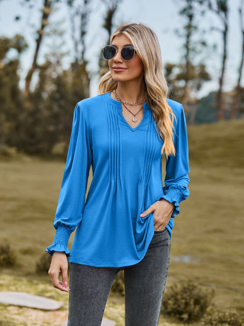 2023 Amazon autumn new T-shirt cross-border womens clothing solid color drawstring puff sleeve V-neck long sleeve top Colored blue - Image 1