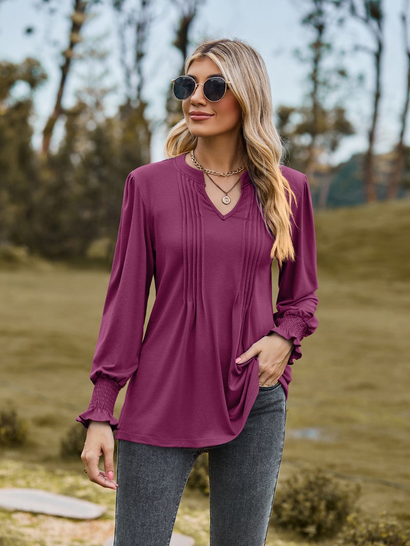 2023 Amazon autumn new T-shirt cross-border womens clothing solid color drawstring puff sleeve V-neck long sleeve top Colored blue - Image 4