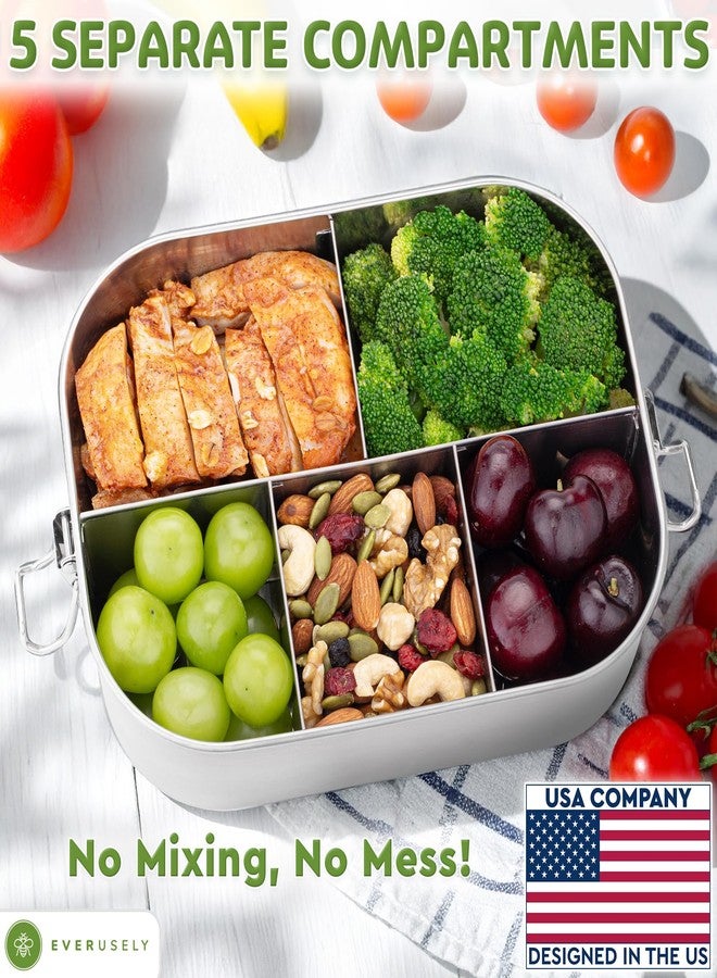 Everusely - Bento Box - Stainless Steel Lunch Box for Adults - 47 oz, 1.4 L - 5 Compartment Snack Container with Removable Silicone Seal + Secure Lock Clips - Non Plastic, Leakproof, Dishwasher Safe - Image 2