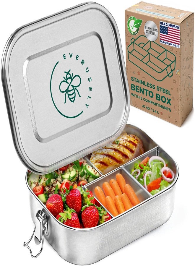 Everusely - Bento Box - Stainless Steel Lunch Box for Adults - 47 oz, 1.4 L - 5 Compartment Snack Container with Removable Silicone Seal + Secure Lock Clips - Non Plastic, Leakproof, Dishwasher Safe - Image 1