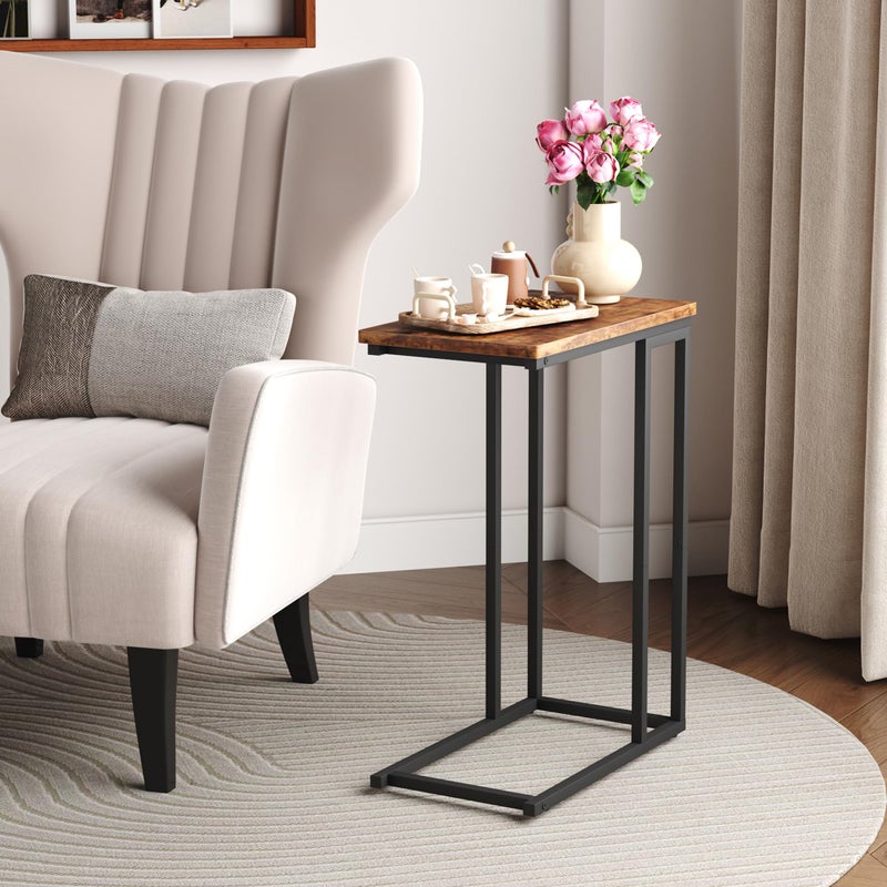Yusong C Shaped End Table - Slide Under Sofa Couch Bed, Small Table for Small Spaces, Skinny Overbed, Coffee Drink Snack Table for Living Room, Rustic Brown - Image 3