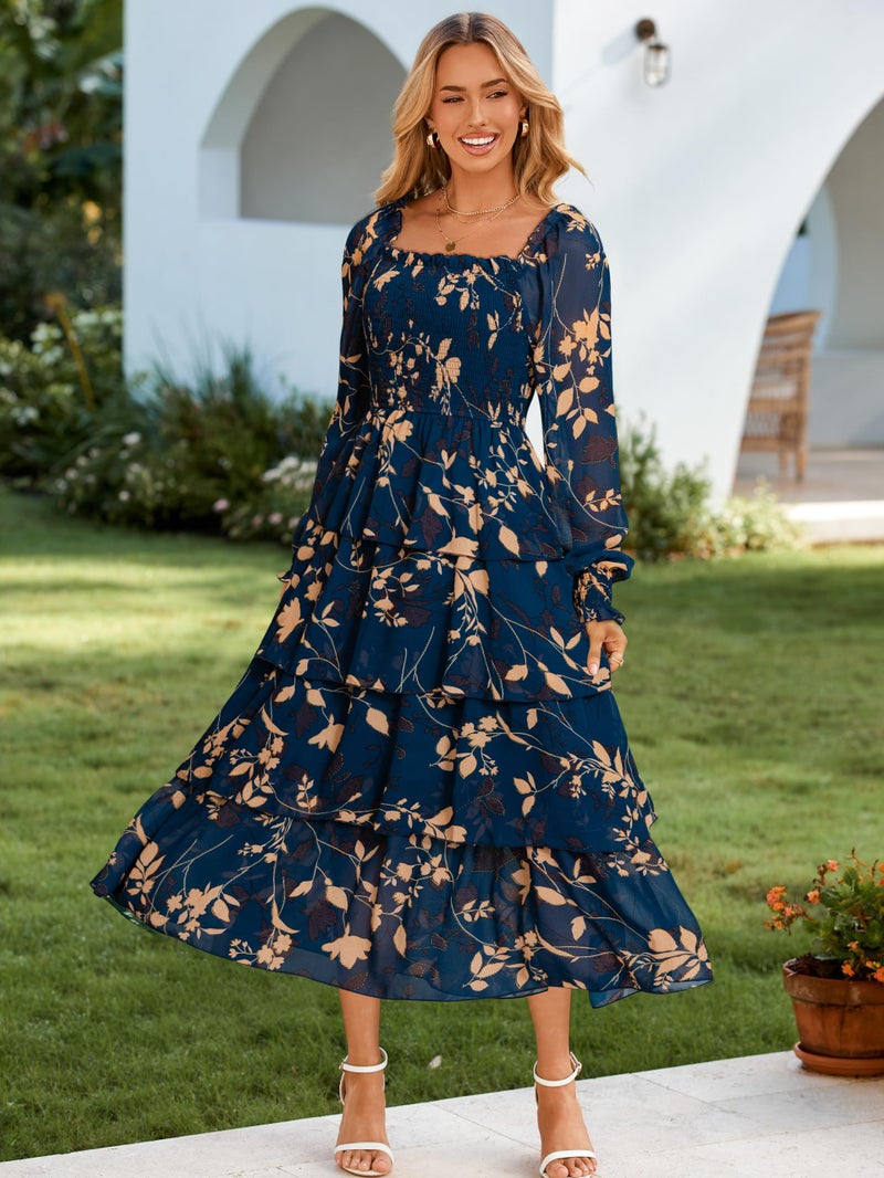 Simplee Womens Long Sleeve Floral Wedding Guest Dress Flowy Tiered Smocked Square Neck Fall Boho Maxi Dresses Ink Blue M - Image 5