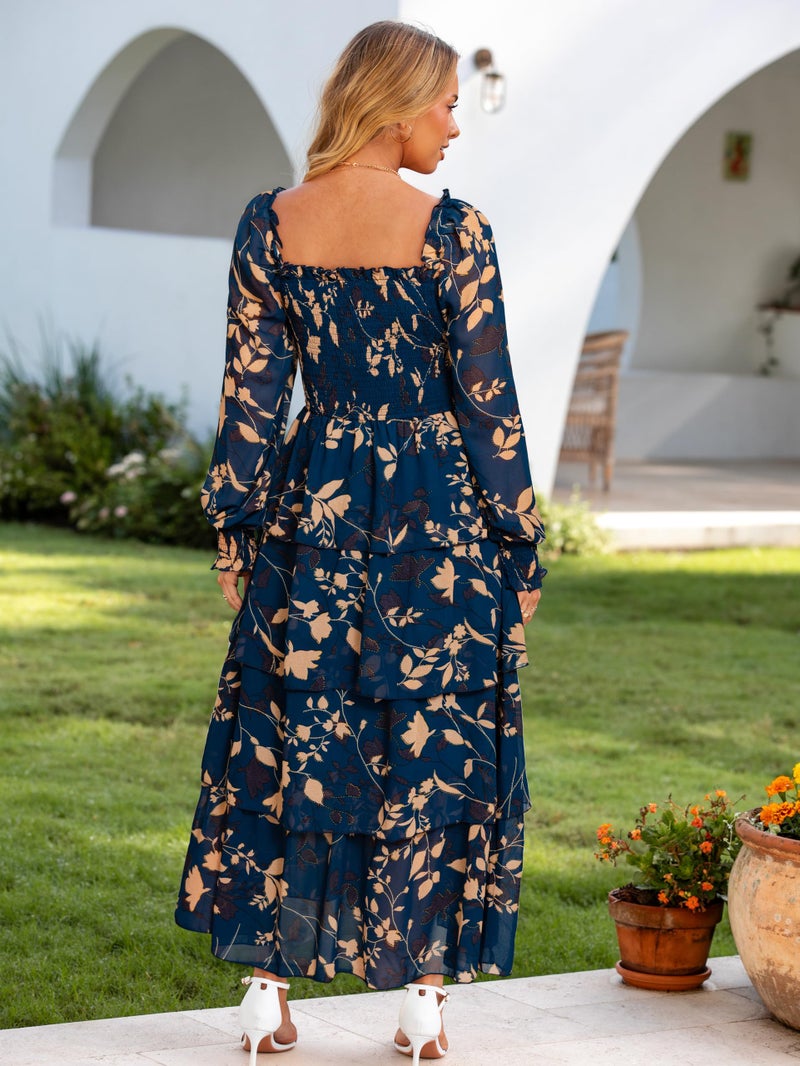 Simplee Womens Long Sleeve Floral Wedding Guest Dress Flowy Tiered Smocked Square Neck Fall Boho Maxi Dresses Ink Blue M - Image 4
