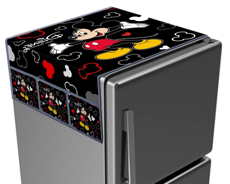 Kuber Industries Satin Finish Disney Mickey Printed Satin Fridge Top Cover, Protect for Scratches, Wear & Tear and Dust with 6 Utility Side Pockets (Black), Standard40.2 x 25.3 x 2 cm) - Image 1