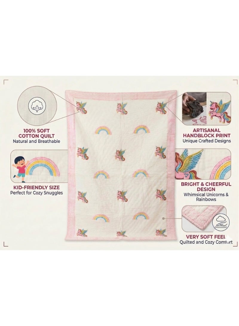 LITTLE CHIKU Premium Pink Unicorn & Rainbow 100% Cotton Artisanal Quilt (60x40 Inch). - Image 2