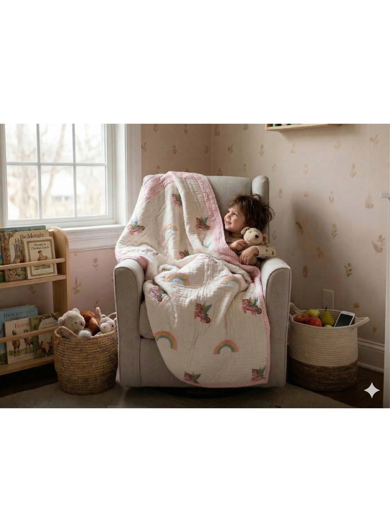 LITTLE CHIKU Premium Pink Unicorn & Rainbow 100% Cotton Artisanal Quilt (60x40 Inch). - Image 5