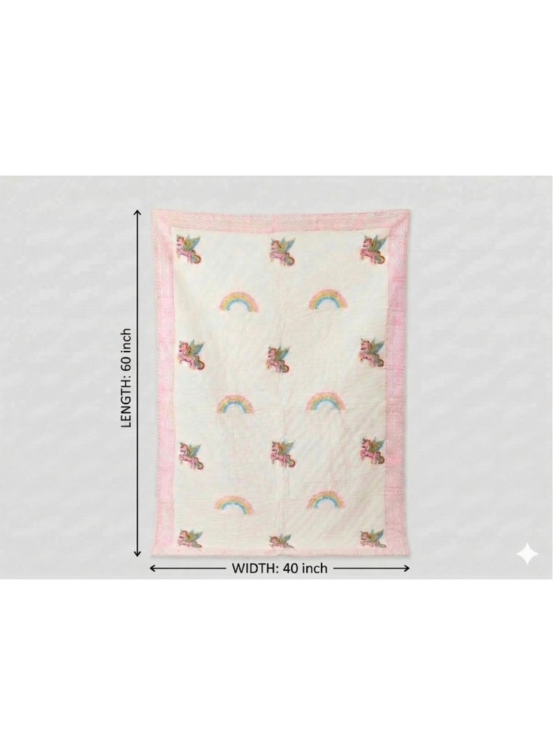 LITTLE CHIKU Premium Pink Unicorn & Rainbow 100% Cotton Artisanal Quilt (60x40 Inch). - Image 4