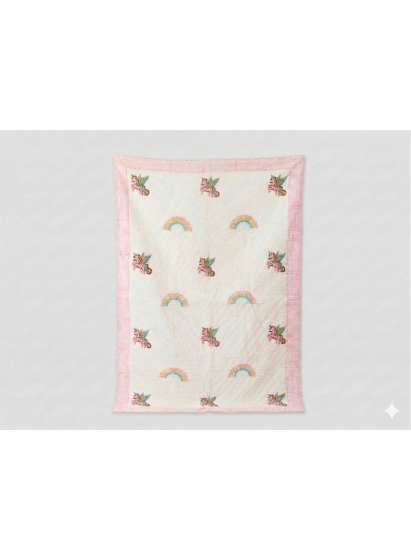 LITTLE CHIKU Premium Pink Unicorn & Rainbow 100% Cotton Artisanal Quilt (60x40 Inch). - Image 3