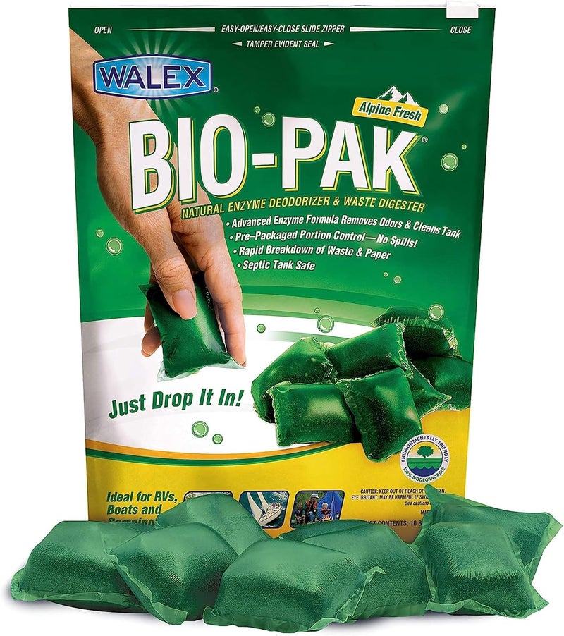 WALEX Bio-Pak Black Holding Tank Deodorizer & Waste Digester Drop-Ins - Advanced Enzyme Formula for Rapid Breakdown of Waste & Paper, Removes Odors & Cleans Tank; Alpine Fresh, 10-Pack - Image 1