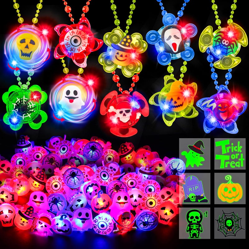 Grastfu 100 PCS Halloween Party Favors for Kids Halloween Glow In The Dark Toys Bulk Party Supplies Light Up Rotating Necklace LED Rings Halloween Goodie Bag Fillers Treats Classroom Prizes Trick or Treat Toy - Image 2