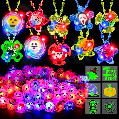 Grastfu 100 PCS Halloween Party Favors for Kids Halloween Glow In The Dark Toys Bulk Party Supplies Light Up Rotating Necklace LED Rings Halloween Goodie Bag Fillers Treats Classroom Prizes Trick or Treat Toy - Image 1