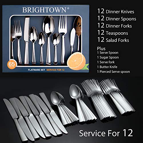 Brightown 65 Piece Silverware Flatware Cutlery Set, Stainless Steel Fork Spoon Knife Sets for 12, Dishwasher Safe,Ergonomic Design Size and Weight - Image 2