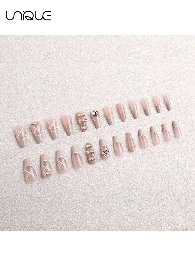 Unique 24Pcs Fake Nails, Press Nails，Mid-length Ballet Manicure - Ballet Shoes Manicure - Diamond Bow Manicure - Fake Nail Patch - Image 5