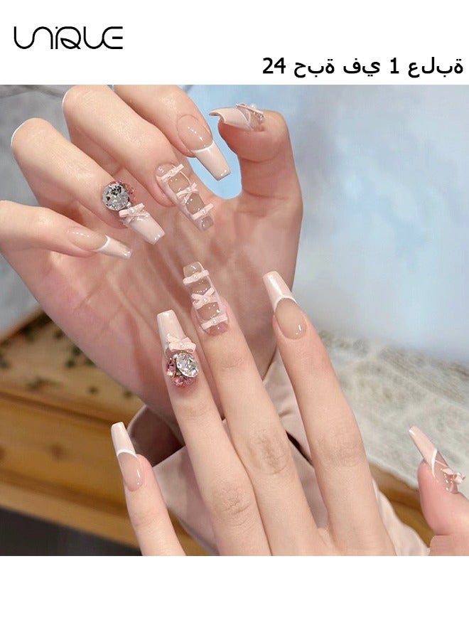 Unique 24Pcs Fake Nails, Press Nails，Mid-length Ballet Manicure - Ballet Shoes Manicure - Diamond Bow Manicure - Fake Nail Patch - Image 1