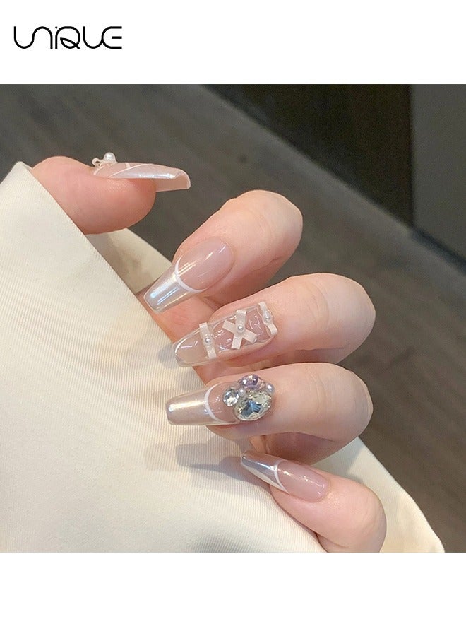 Unique 24Pcs Fake Nails, Press Nails，Mid-length Ballet Manicure - Ballet Shoes Manicure - Diamond Bow Manicure - Fake Nail Patch - Image 3
