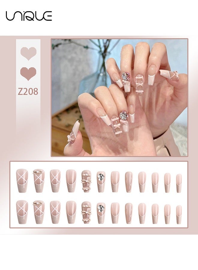 Unique 24Pcs Fake Nails, Press Nails，Mid-length Ballet Manicure - Ballet Shoes Manicure - Diamond Bow Manicure - Fake Nail Patch - Image 2