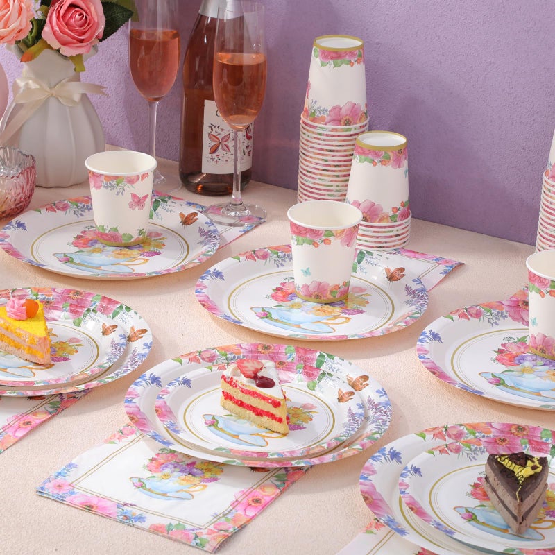 Pickmesh 250 Pcs Tea Party Disposable Tableware Set Paper Plates and Napkins Cups Supplies Tea Party Theme Dinner Dinnerware for Birthday Bridal Baby Shower wedding Decoration Serves 50 - Image 4