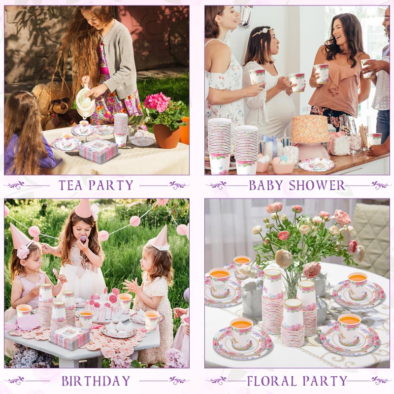 Pickmesh 250 Pcs Tea Party Disposable Tableware Set Paper Plates and Napkins Cups Supplies Tea Party Theme Dinner Dinnerware for Birthday Bridal Baby Shower wedding Decoration Serves 50 - Image 2
