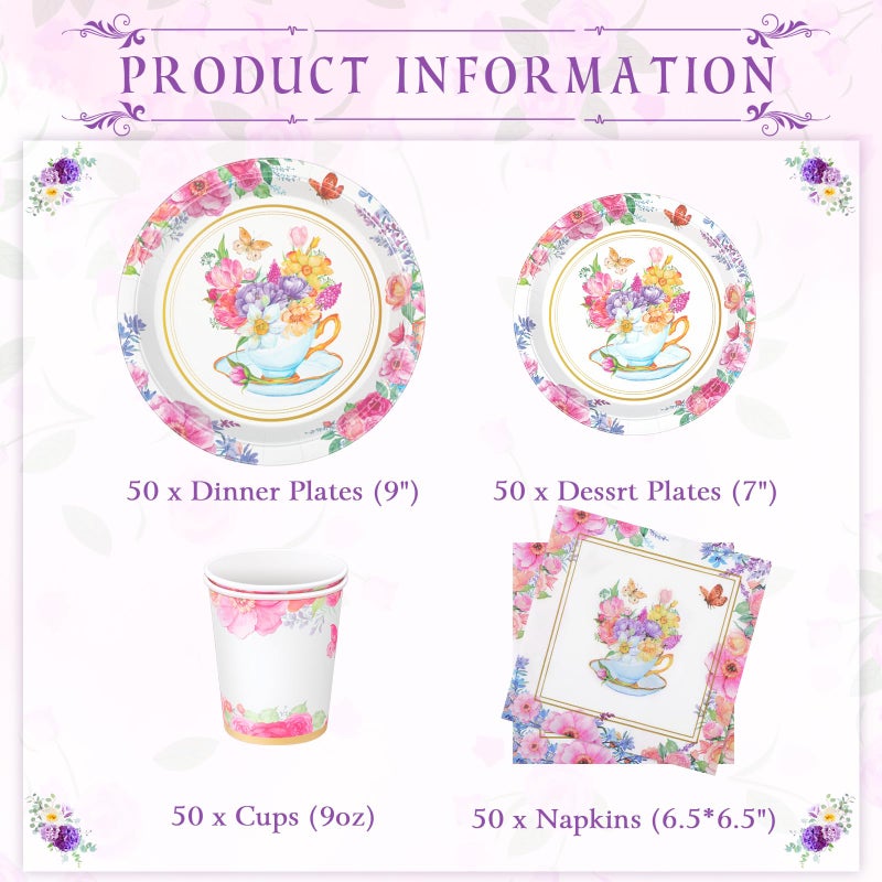 Pickmesh 250 Pcs Tea Party Disposable Tableware Set Paper Plates and Napkins Cups Supplies Tea Party Theme Dinner Dinnerware for Birthday Bridal Baby Shower wedding Decoration Serves 50 - Image 1