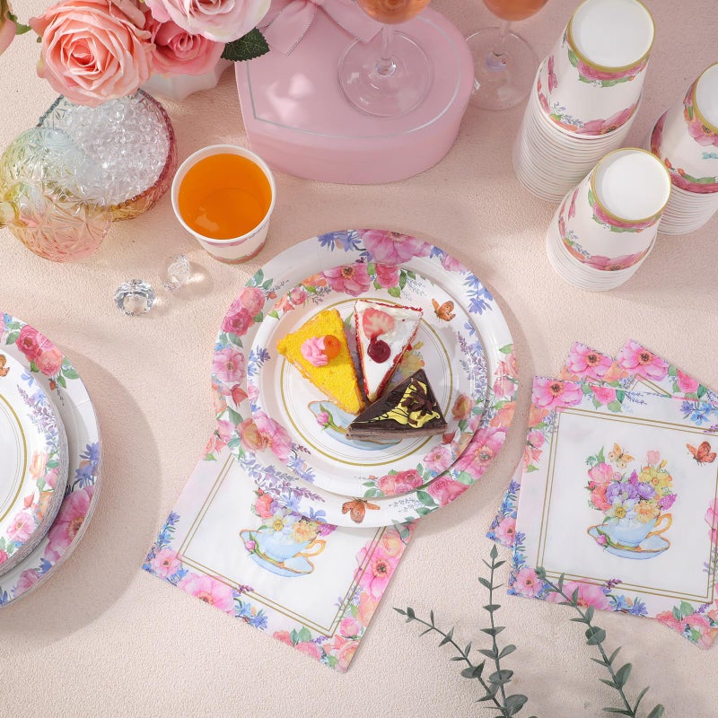 Pickmesh 250 Pcs Tea Party Disposable Tableware Set Paper Plates and Napkins Cups Supplies Tea Party Theme Dinner Dinnerware for Birthday Bridal Baby Shower wedding Decoration Serves 50 - Image 3