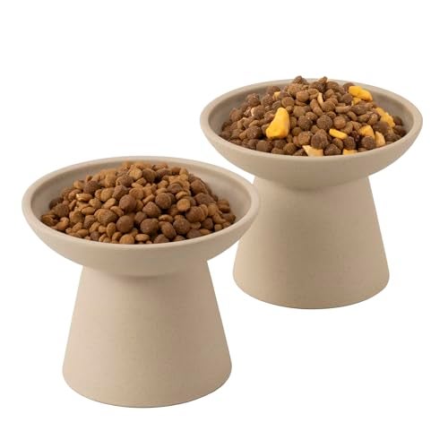 CEEFU Extra Wide Elevated Ceramic Cat Bowl, 6.2" Shallow Dish for Whisker Fatigue Relief, 5" Height for Easy Feeding, Durable Raised Cat Food Bowls, Pack of 2, Pottery Clay (Not Glazed) - Image 1