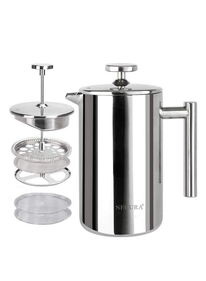 Secura صانعة القهوة الفرنسية سيكورا، مصنوعة من الفولاذ المقاوم للصدأ من الدرجة 304 مع عزل، مع 2 شاشة إضافية، 12 أونصة (0.35 لتر)، فضي (SFP-12DS) - Image 1