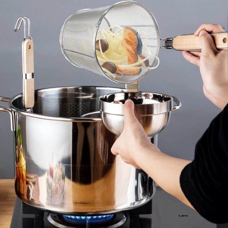 TENTA TENTA KITCHEN Tenta Kitchen Miracle Noodle Angel Hair Pasta Noodle Blanching Basket, Barilla Thin Spaghetti Pasta Deep Strainer Skimmer with Wooden Handle (5.51Inch/14cm) - Image 5