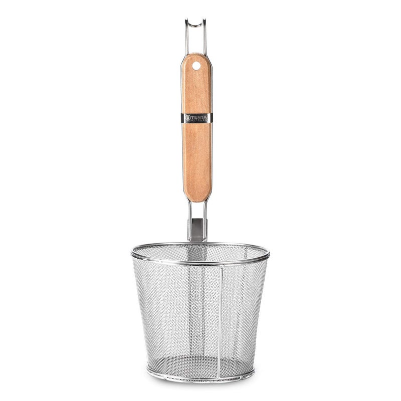 TENTA TENTA KITCHEN Tenta Kitchen Miracle Noodle Angel Hair Pasta Noodle Blanching Basket, Barilla Thin Spaghetti Pasta Deep Strainer Skimmer with Wooden Handle (5.51Inch/14cm) - Image 1