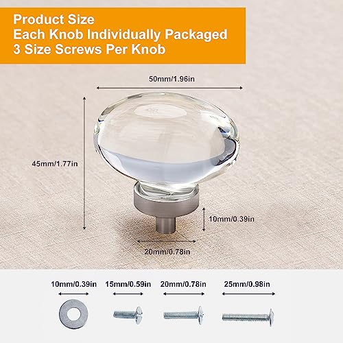 CLCTK 4 Pack Glass Cabinet Knobs and Pulls, Oval Crystal Cabinet Knobs for Dresser Drawers, Brushed Nickel Kitchen Egg Shape - Image 5