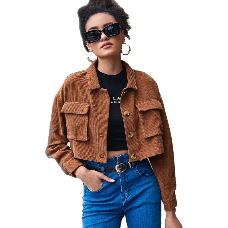 Women's Casual Corduroy Long Sleeve Jacket with Turn-down Collar and Pleated Pockets - Image 5