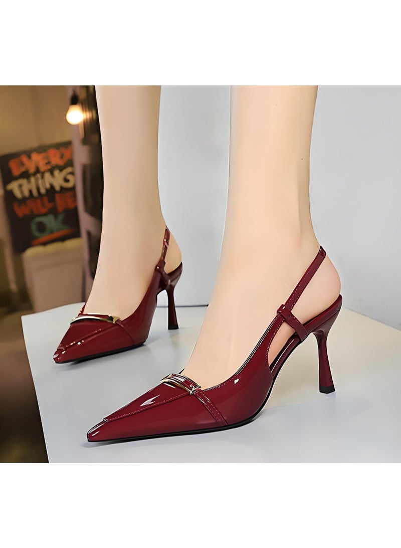 بيج تري المرأة مغلقة موجهة إصبع القدم مضخات سلينغباك ستيليتو كعب عالي الصنادل النبيذ الأحمر 8CM - Image 3
