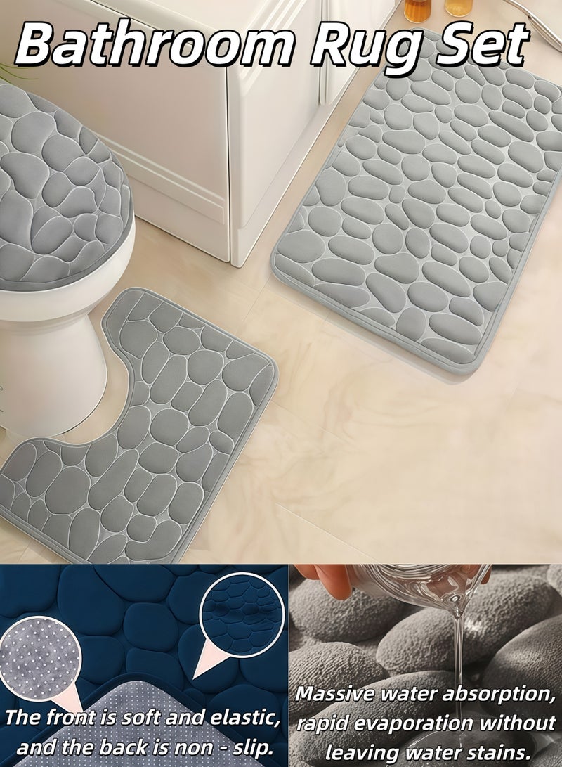 شو وو مجموعة سجاد الحمام من 3 قطع (سجادة حمام، سجادة سطح على شكل حرف U، غطاء مقعد المرحاض)، مجموعة سجادات حمام من الفلانيل المرصوفة بالحصى سميكة للغاية، سجادات حمام غير قابلة للانزلاق للحمام، سجادة حمام سريعة الجفاف، مجموعة سجاد حمام قابلة للغسل في الغسالة للحمام للحوض والمرحاض والأرضية (رمادي) - Image 1