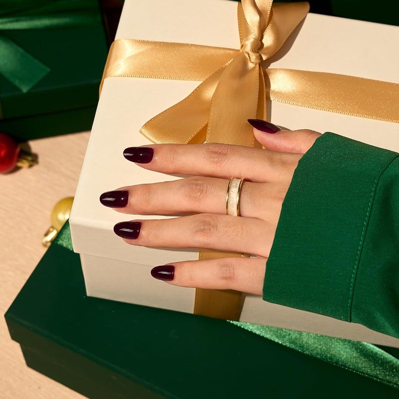 BTArtbox Press On Nails Short - Dark Red Press on Nails, Short Oval Fake Nails with Nail Glue, Fit Perfectly & Natural Reusable Stick on Nails in 16 Sizes Soft Gel Nail Kit, Coffee Bean Flexible varied design - Image 2