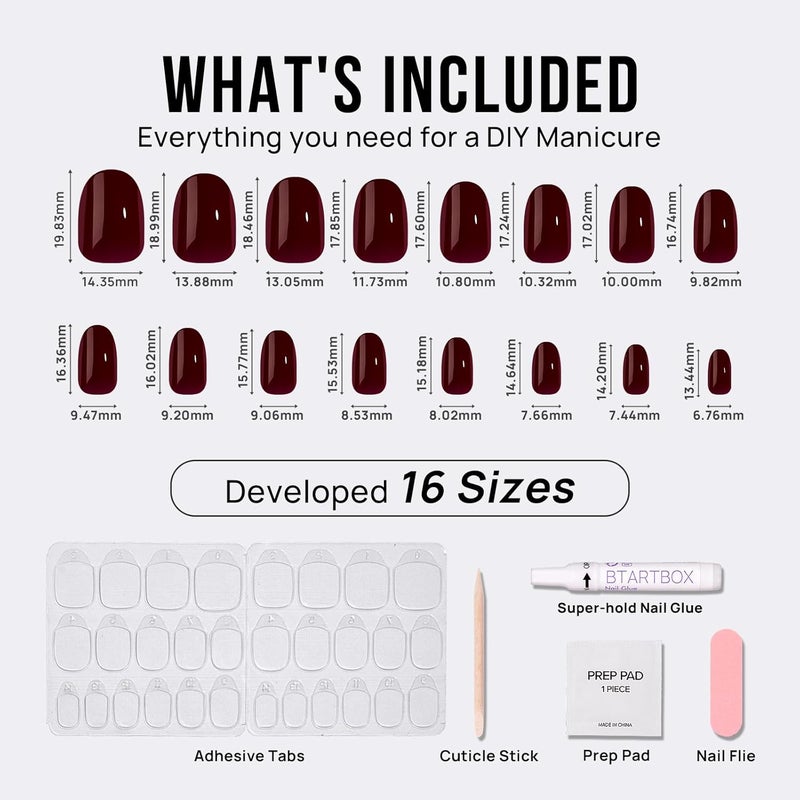 BTArtbox Press On Nails Short - Dark Red Press on Nails, Short Oval Fake Nails with Nail Glue, Fit Perfectly & Natural Reusable Stick on Nails in 16 Sizes Soft Gel Nail Kit, Coffee Bean Flexible varied design - Image 5