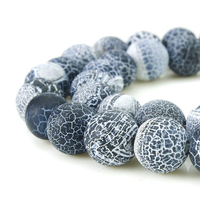 BEADNOVA 10mm Black Frosted Agate Unpolished Cracked Matte Gemstone Gem Strand Round Loose Beads for Jewelry Making