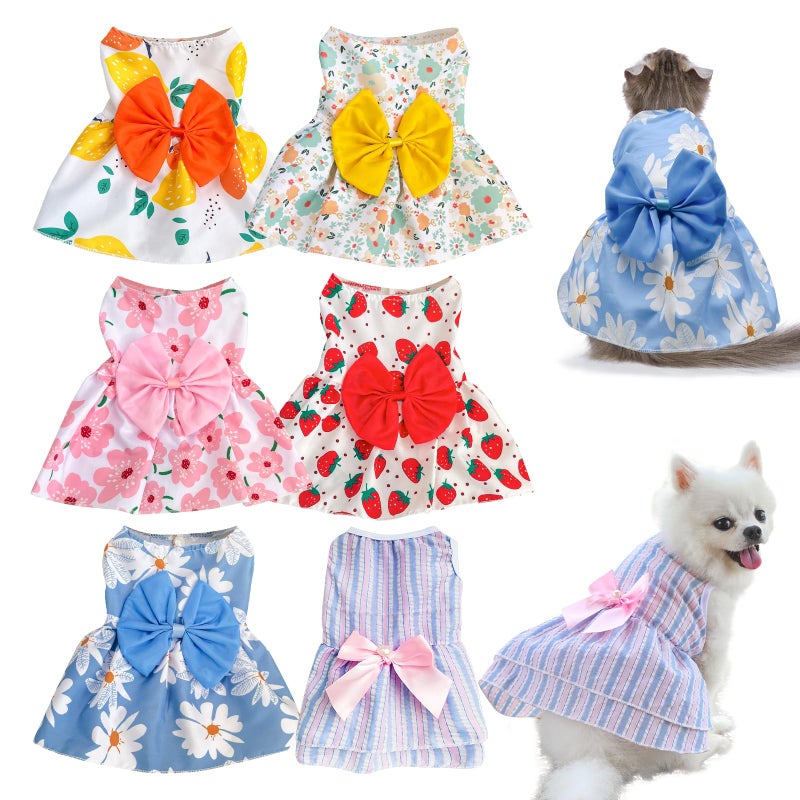 KATOLK 6 Pieces Dog Dresses for Small Dogs Girls, Cute Princess Puppy Kitten Dog Dresses with Flowers and Bowknot for Pet Cats, Small Dogs' Outfits Female Pet Skirts Clothes for Chihuahua Yorkies - Image 1