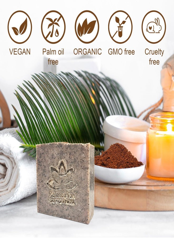 ريلاكسيشن صابون مقشر مصنوع يدويًا بالكامل من القهوة المطحونة الطازجة وزبدة الكاكاو - صابون مصنوع بطريقة التصبين البارد مع زيت عطري برائحة اللاتيه - تأثير تقشير جيد - مثالي لتقشير الجسم وترطيبه (3 قطع) - Image 5