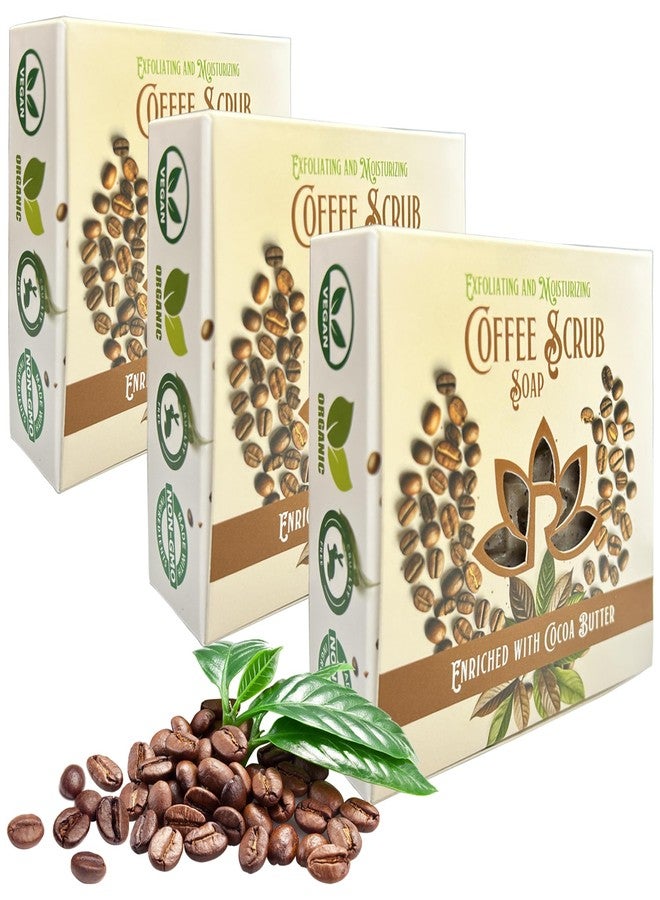 ريلاكسيشن صابون مقشر مصنوع يدويًا بالكامل من القهوة المطحونة الطازجة وزبدة الكاكاو - صابون مصنوع بطريقة التصبين البارد مع زيت عطري برائحة اللاتيه - تأثير تقشير جيد - مثالي لتقشير الجسم وترطيبه (3 قطع) - Image 1