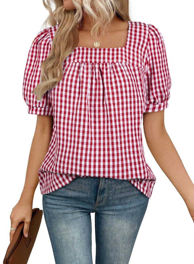EVALESS Tops for Women Short Sleeve Tunic Blouse Dressy Casual Square Neck Gingham Tops Cotton Blend Plaid Shirt Cute Checkered Puff Sleeve Work Blouses 2026 Summer Vacation Outfits Red Large - Image 1