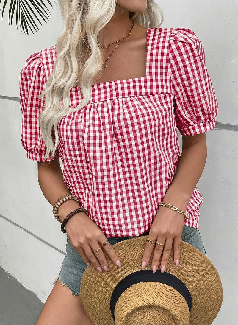 EVALESS Tops for Women Short Sleeve Tunic Blouse Dressy Casual Square Neck Gingham Tops Cotton Blend Plaid Shirt Cute Checkered Puff Sleeve Work Blouses 2026 Summer Vacation Outfits Red Large - Image 2