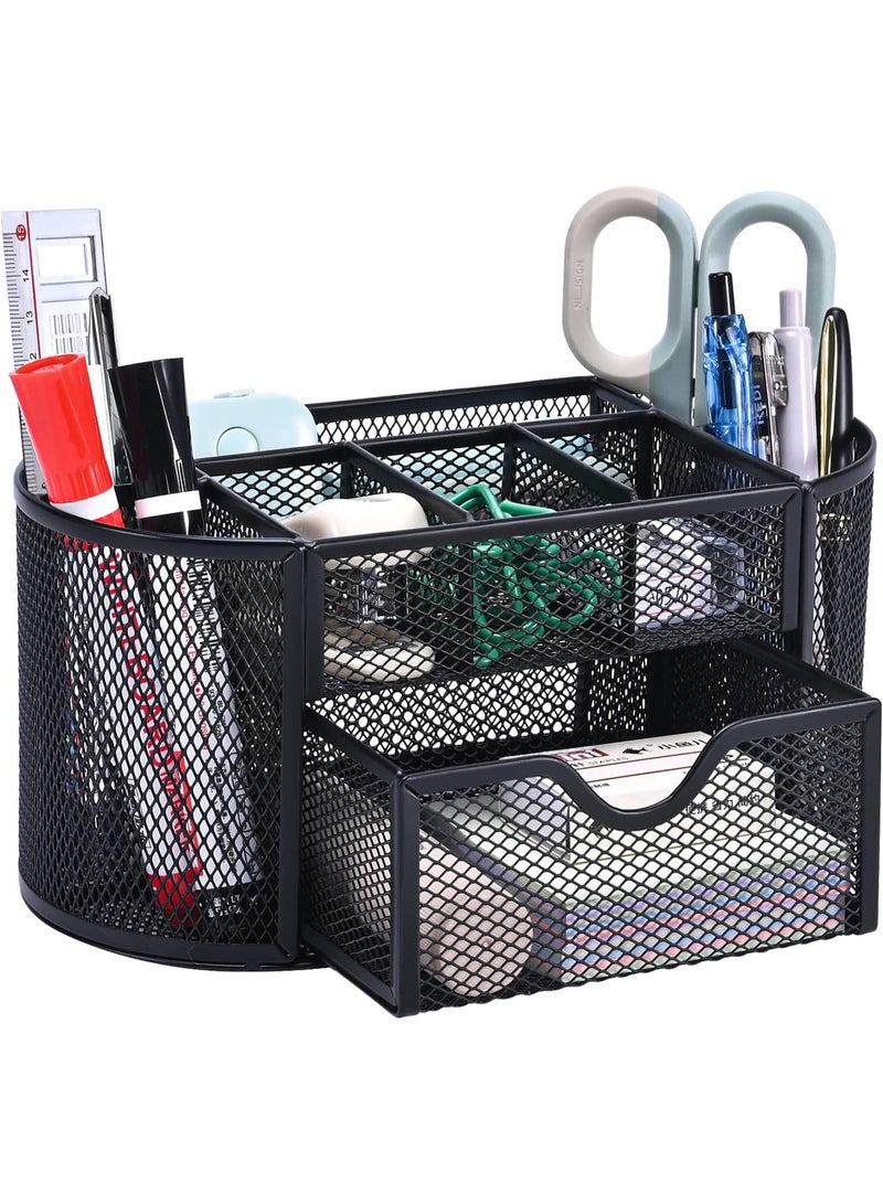 Metal Mesh Desk Organizer with Drawer, Pen Holder, Memo Pads, Paper Clips, Folders, Black - Image 1