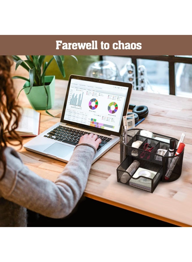 Metal Mesh Desk Organizer with Drawer, Pen Holder, Memo Pads, Paper Clips, Folders, Black - Image 5