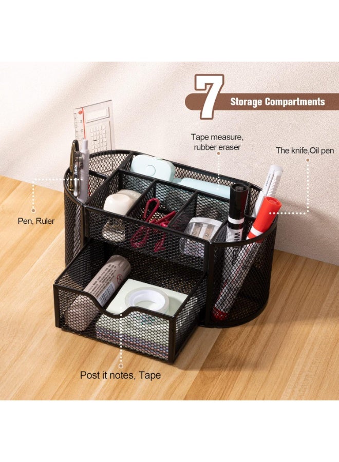 Metal Mesh Desk Organizer with Drawer, Pen Holder, Memo Pads, Paper Clips, Folders, Black - Image 2