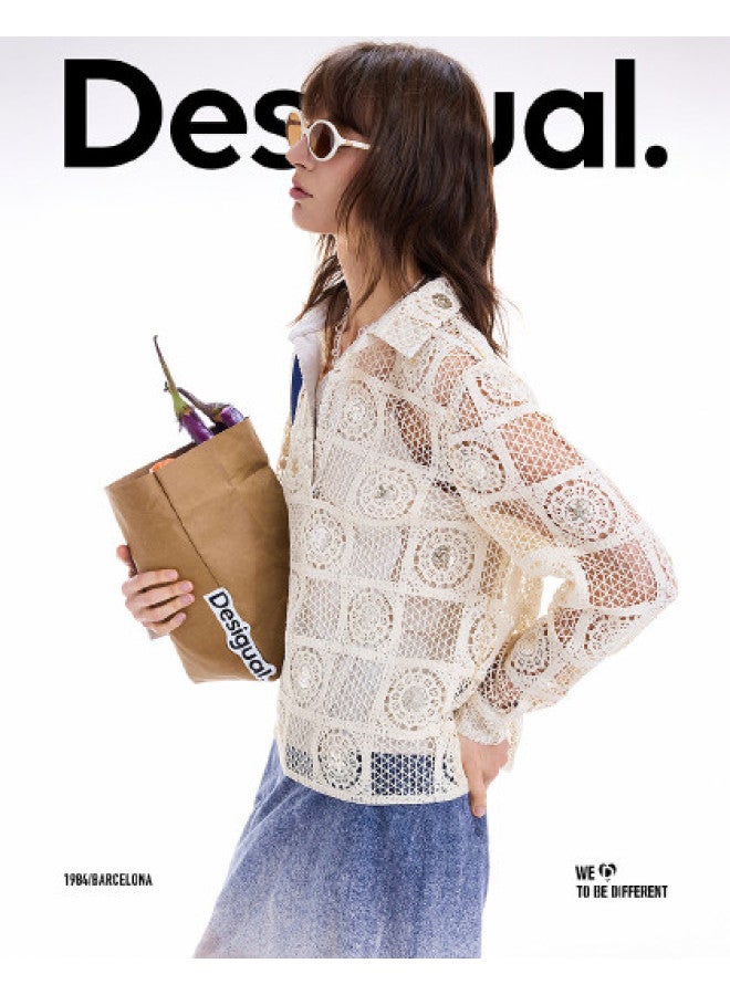 DESIGUAL Women'S Knitted Crochet Lace Polo Collar Shirt, Autumn/Winter 2025 New Collection - Image 1