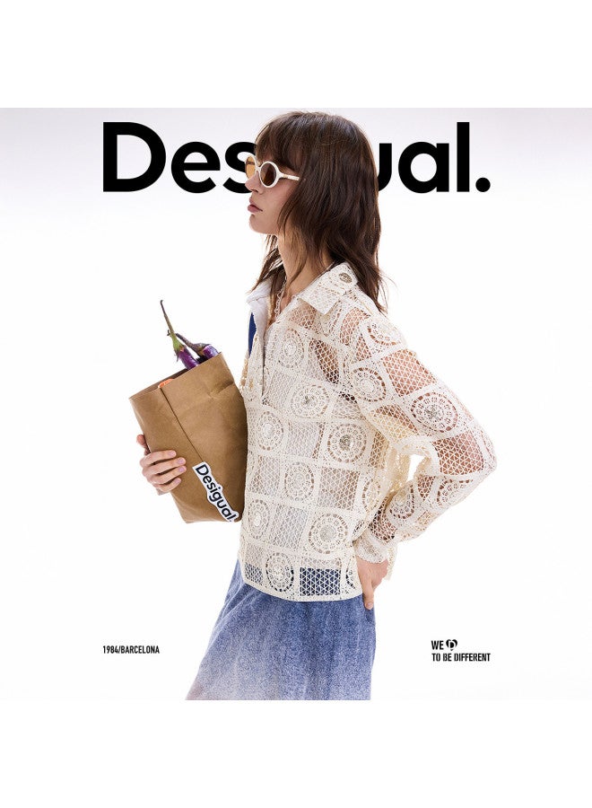 DESIGUAL Women'S Knitted Crochet Lace Polo Collar Shirt, Autumn/Winter 2025 New Collection - Image 2