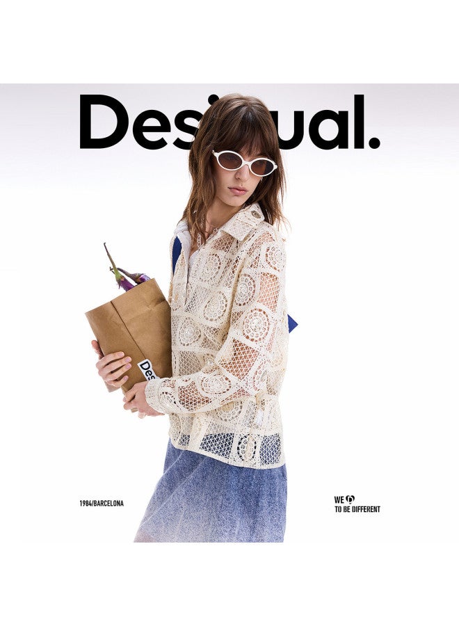 DESIGUAL Women'S Knitted Crochet Lace Polo Collar Shirt, Autumn/Winter 2025 New Collection - Image 4