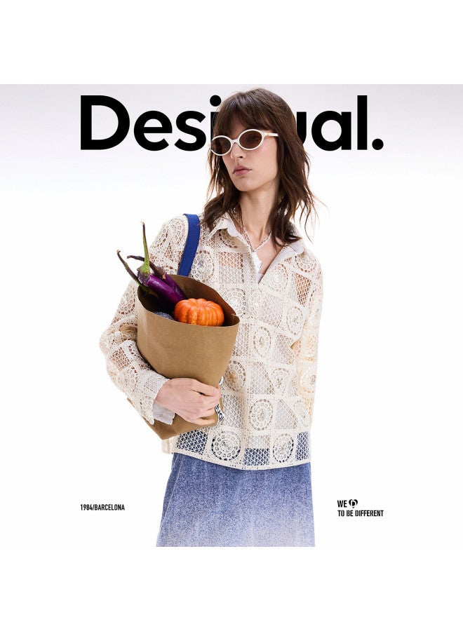 DESIGUAL Women'S Knitted Crochet Lace Polo Collar Shirt, Autumn/Winter 2025 New Collection - Image 5