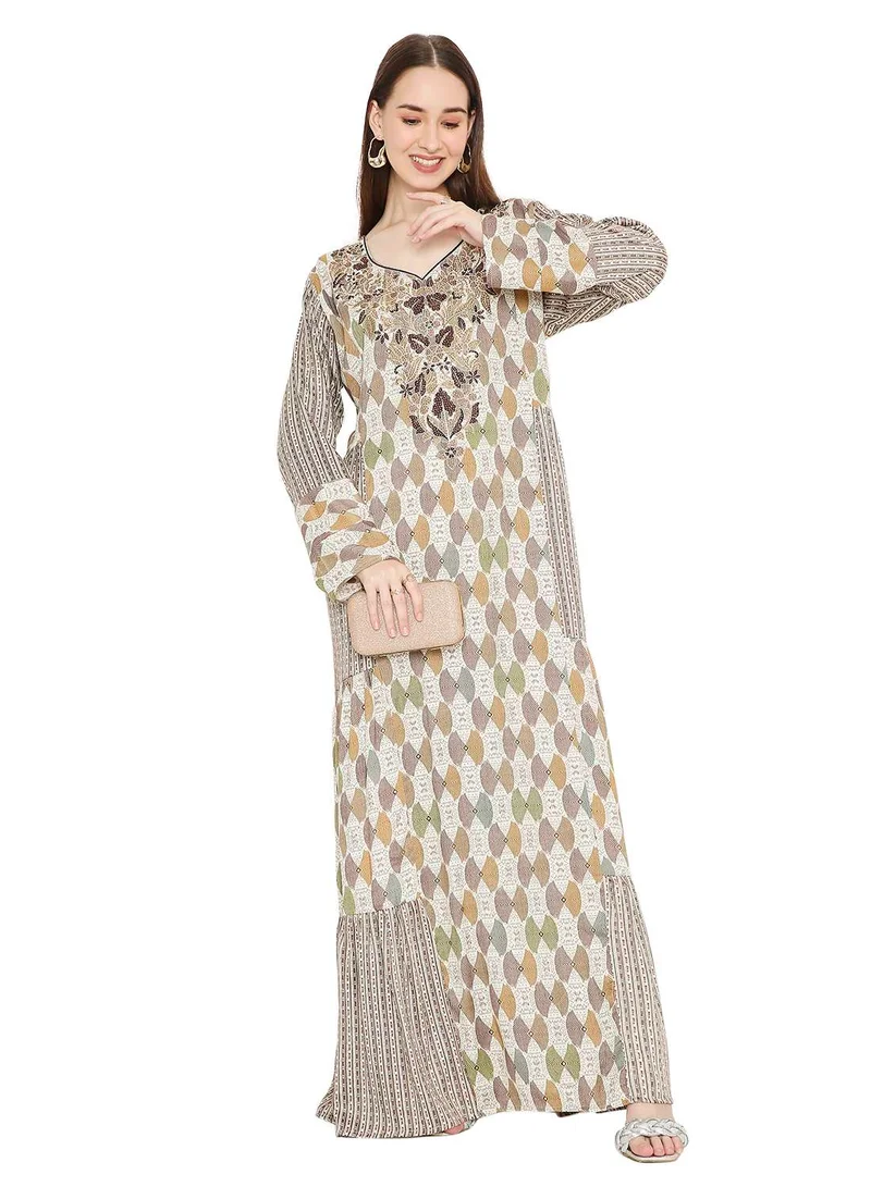 HANA & SARA LONG UNIQUE PRINTED WITH STONE WORK ON THREAD EMBROIDERY ARABIC KAFTAN JALABIYA DRESS