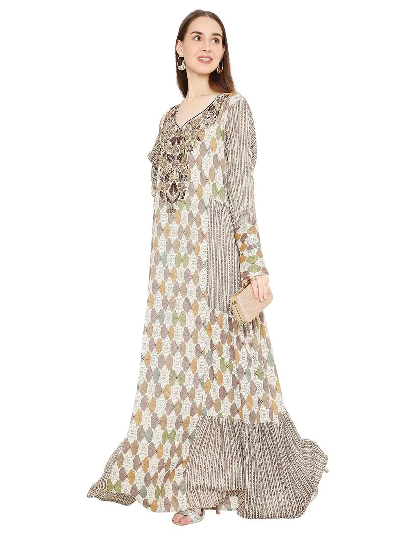 HANA & SARA LONG UNIQUE PRINTED WITH STONE WORK ON THREAD EMBROIDERY ARABIC KAFTAN JALABIYA DRESS